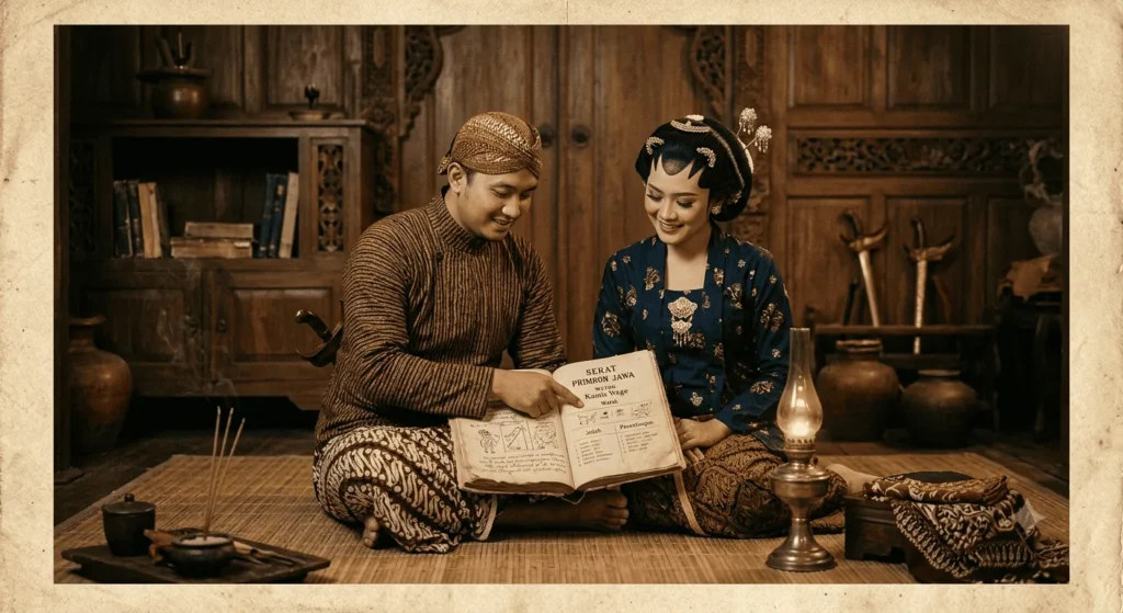 Ilustrasi orang membaca weton Primbon Jawa.(AI/KabarJawa)
