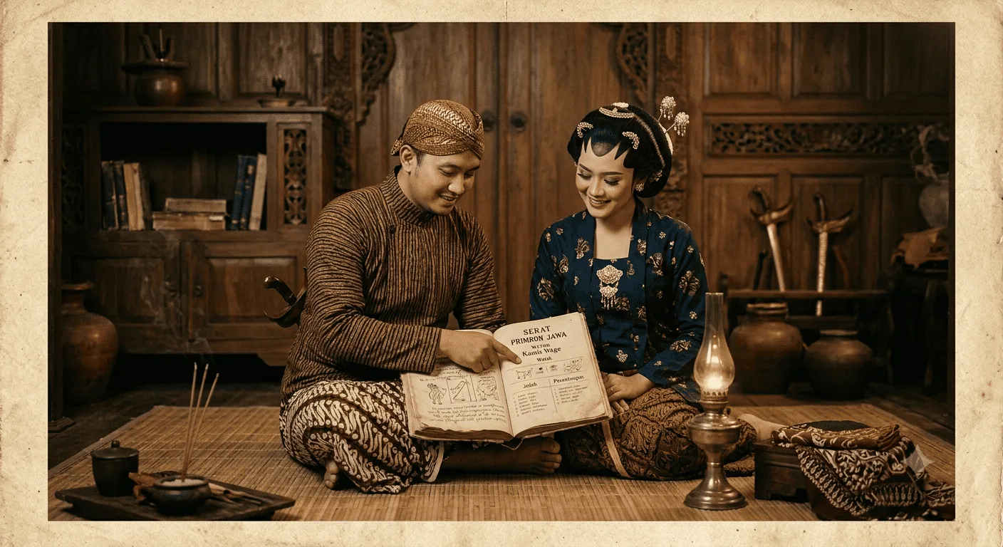 Ilustrasi orang membaca weton Primbon Jawa.(AI/KabarJawa)