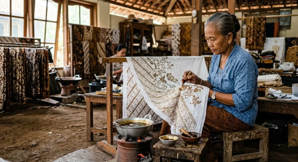 Cara membedakan batik cap, batik tulis, dan batik printing dengan melihat proses pembuatan, motif, dan ciri kain. (Foto ilustrasi AI)