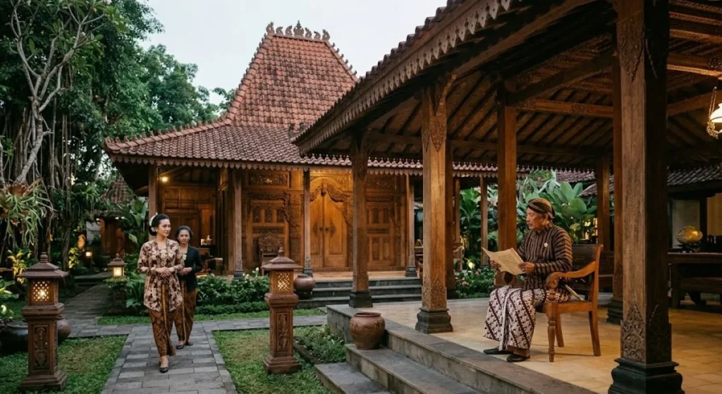 Ilustrasi rumah joglo. Menelisik sejarah sosial Yogyakarta lewat arsitektur Ndalem Joglo: dari politik tata ruang keraton hingga sekat kaku kuasa gender. (AI)